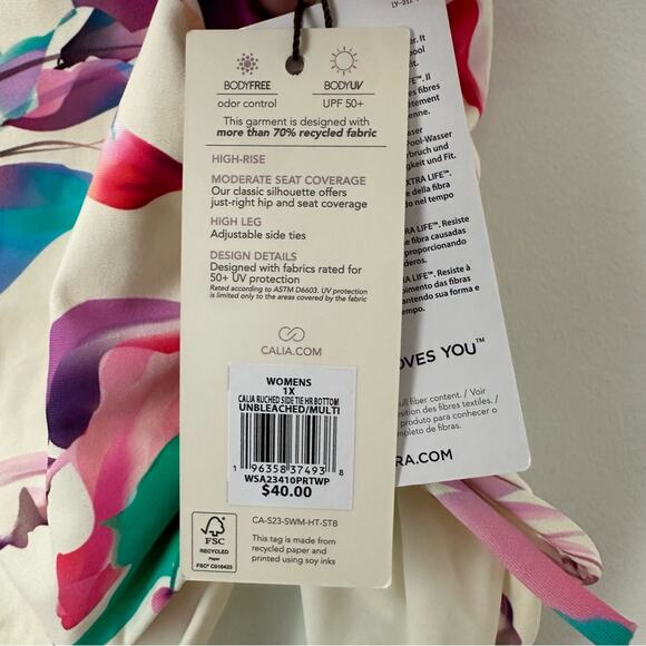 CALIA High Waisted Ruched Side Tie Swim Bottoms Multi Floral Size 1X CALLOUT - Picture 6 of 9
